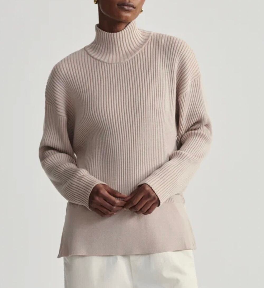 NWT Varley Mayfair Ribbed Mock Neck Turtleneck Knit Sweater Cement Beige XS